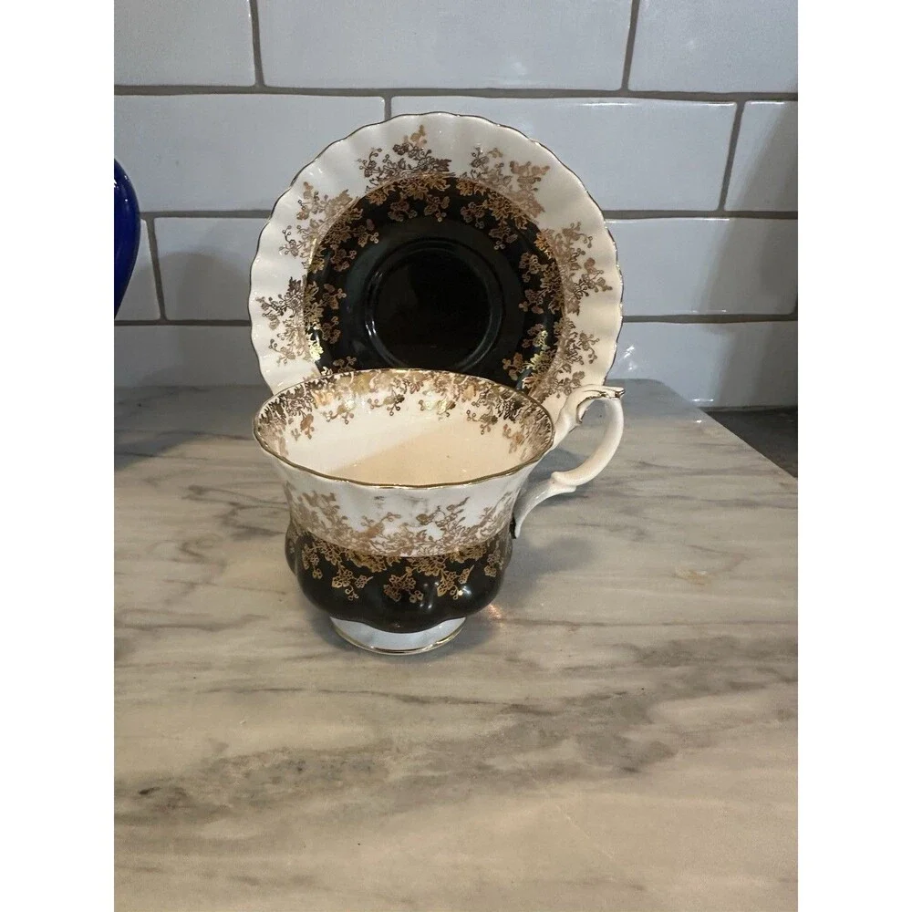 ROYAL ALBERT “Regal Series” Black White & Gold Bone China Footed Cup And Saucer